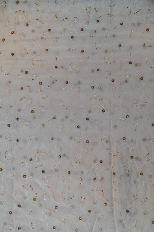 AIzaSyBcstauz-XMPRhEY21AUzeo032pxrXB5Ug - Gold Sequins With White Thread Floral Embroidery On Dyeable Natural Crepe