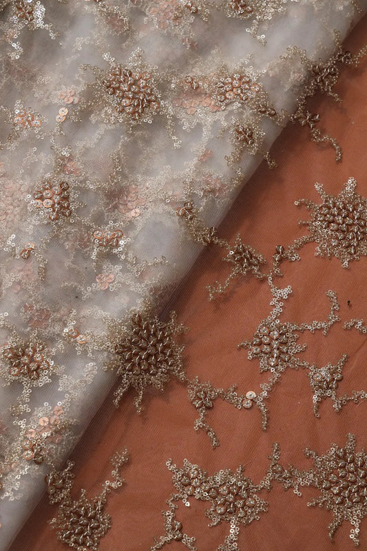 AIzaSyBcstauz-XMPRhEY21AUzeo032pxrXB5Ug - Gold Sequins With White Thread Work Embroidery On Dyeable White Soft Net Fabric