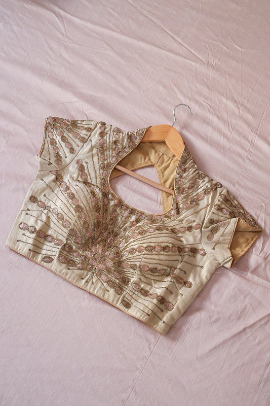 AIzaSyBcstauz-XMPRhEY21AUzeo032pxrXB5Ug - Gold Toned Hand Work Embroidery Pure Cotton Zari Stitched Blouse