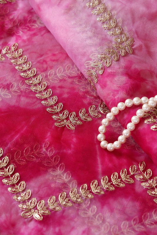 AIzaSyBcstauz-XMPRhEY21AUzeo032pxrXB5Ug - Gold Zari With Gold Sequins Chevron Embroidery Work On Tie & Dye Fuchsia Organza Fabric