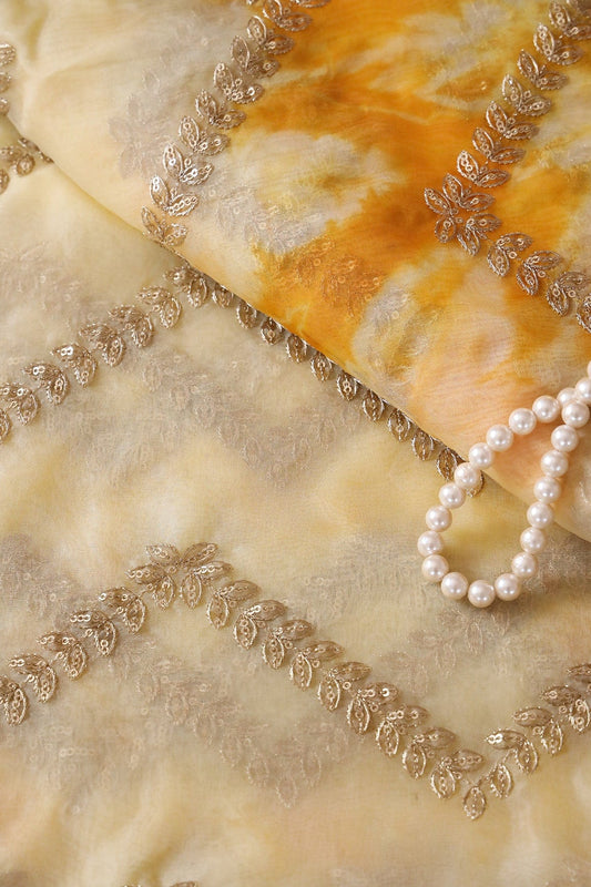 AIzaSyBcstauz-XMPRhEY21AUzeo032pxrXB5Ug - Gold Zari With Gold Sequins Chevron Embroidery Work On Tie & Dye Yellow Organza Fabric