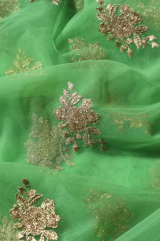 AIzaSyBcstauz-XMPRhEY21AUzeo032pxrXB5Ug - Gold Zari With Gold Sequins Floral Embroidery Work On Light Green Soft Net Fabric