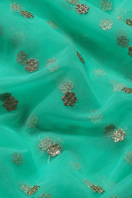 AIzaSyBcstauz-XMPRhEY21AUzeo032pxrXB5Ug - Gold Zari With Gold Sequins Small Booti Embroidery Work On Sea Green Soft Net Fabric
