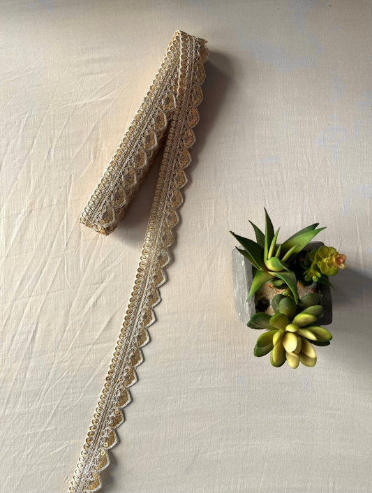 AIzaSyBcstauz-XMPRhEY21AUzeo032pxrXB5Ug - Gold Zari With Sequins Embroidered Scallop Lace (9 Meters)