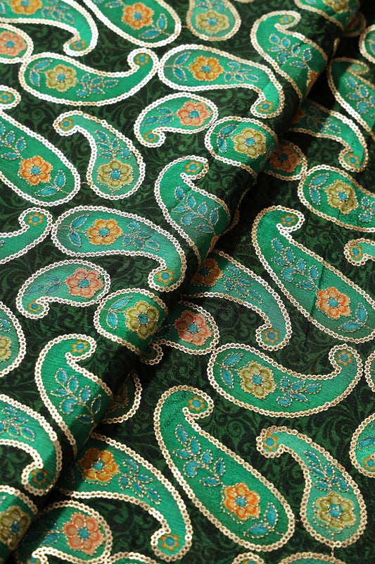 AIzaSyBcstauz-XMPRhEY21AUzeo032pxrXB5Ug - Gorgeous Paisley Position Print On Sequins Embroidery Bottle Green Viscose Chinnon Chiffon Fabric