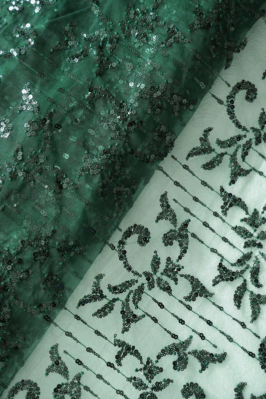 AIzaSyBcstauz-XMPRhEY21AUzeo032pxrXB5Ug - Green Thread With Sequins Abstract Embroidery Work On Bottle Green Soft Net Fabric
