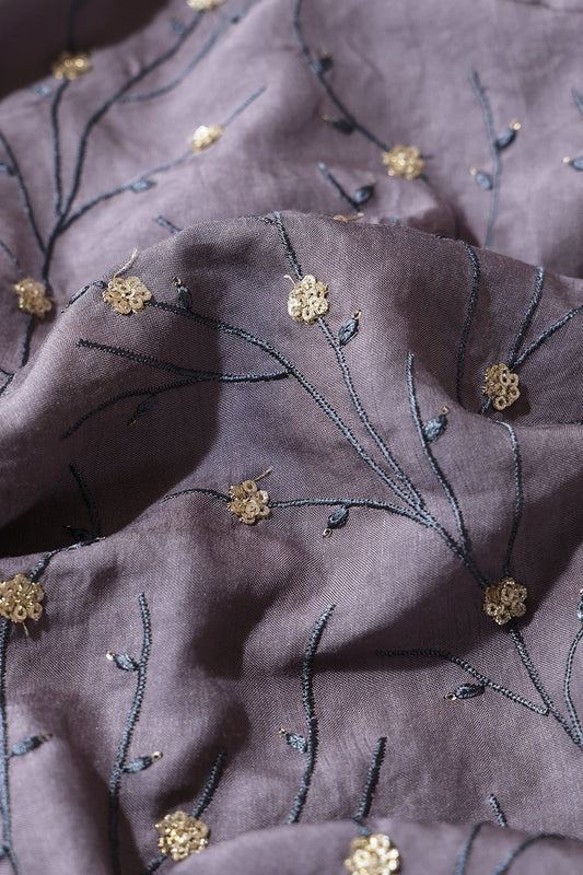 AIzaSyBcstauz-XMPRhEY21AUzeo032pxrXB5Ug - Grey Thread With Gold Sequins Beautiful Floral Embroidery On Grey Muslin Silk Fabric