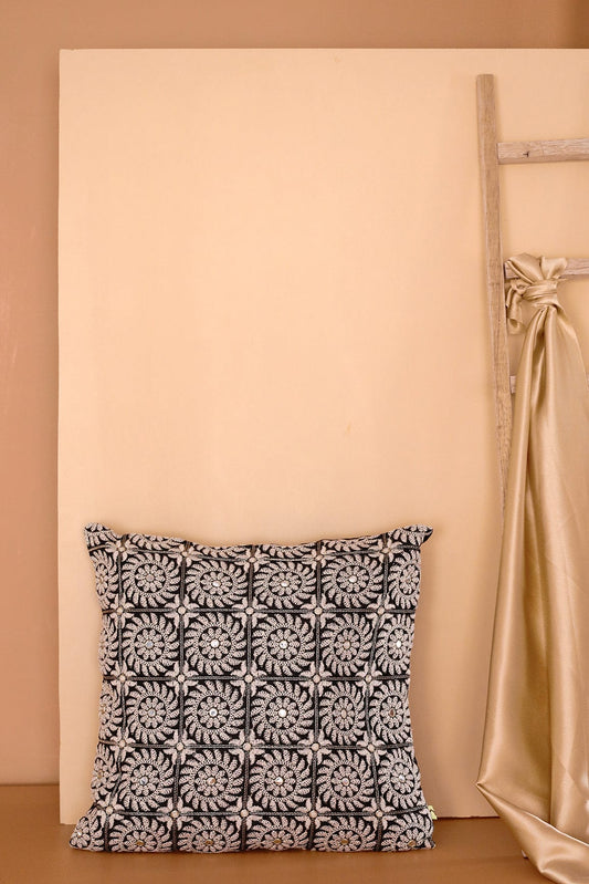 AIzaSyBcstauz-XMPRhEY21AUzeo032pxrXB5Ug - Heavy White Embroidery on Black cotton Cushion Cover (16*16 inches)