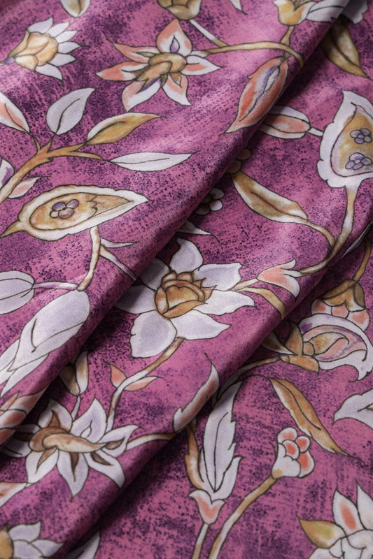 AIzaSyBcstauz-XMPRhEY21AUzeo032pxrXB5Ug - Light Grey Floral Digital Print On Orchid Purple Crepe Fabric