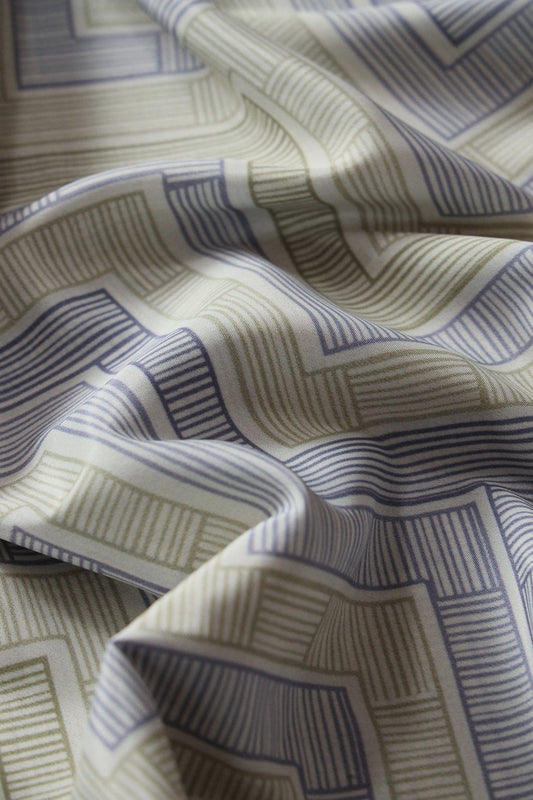 AIzaSyBcstauz-XMPRhEY21AUzeo032pxrXB5Ug - Light Olive And Slate Blue Chevron Pattern Digital Print On French Crepe Fabric