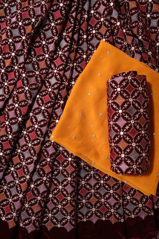 Maroon And Mustard Yellow Unstitched Lehenga Set Fabric (3 Piece)