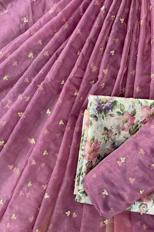 Mauve And White Unstitched Lehenga Set Fabric (3 Piece)