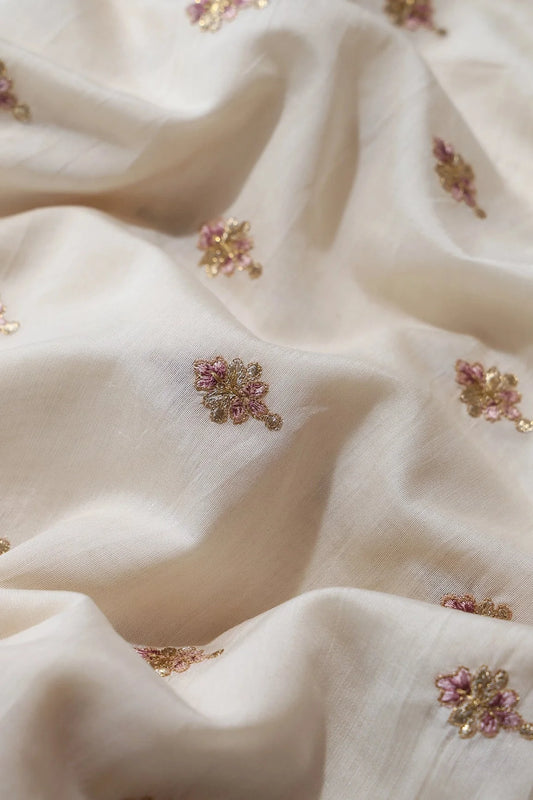 Mauve Thread With Gold Zari Small Floral Booti On Cream Chanderi Fabric