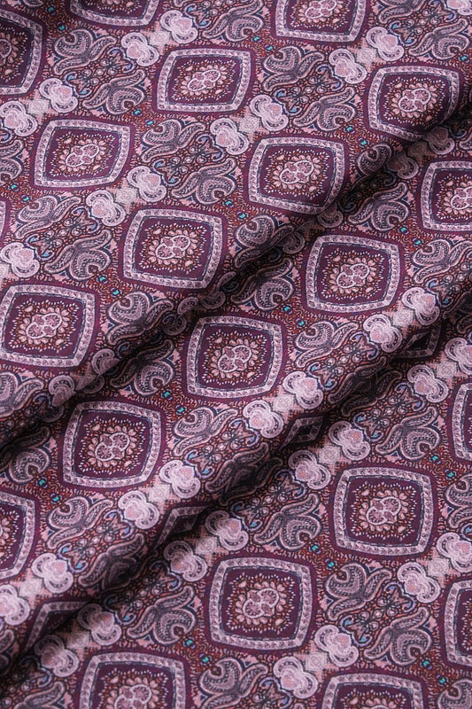 Mauve Traditional Pattern Digital Print On Wine French Crepe Fabric