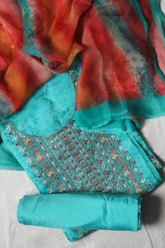 Mint Green Semi Stitched Pure Organza Suit Set (3 piece)