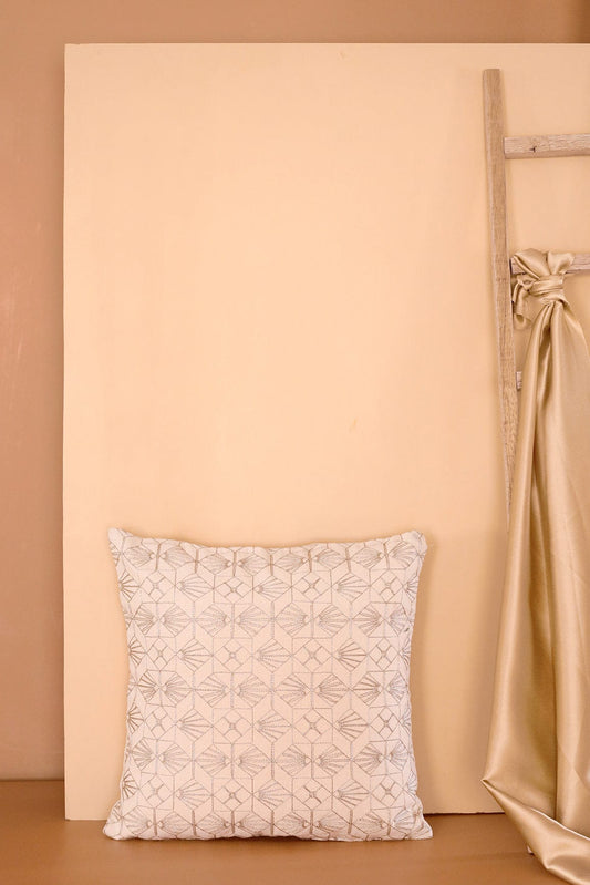 Modern Concept Beige Embroidery on Off White cotton Cushion Cover (16*16 inches)