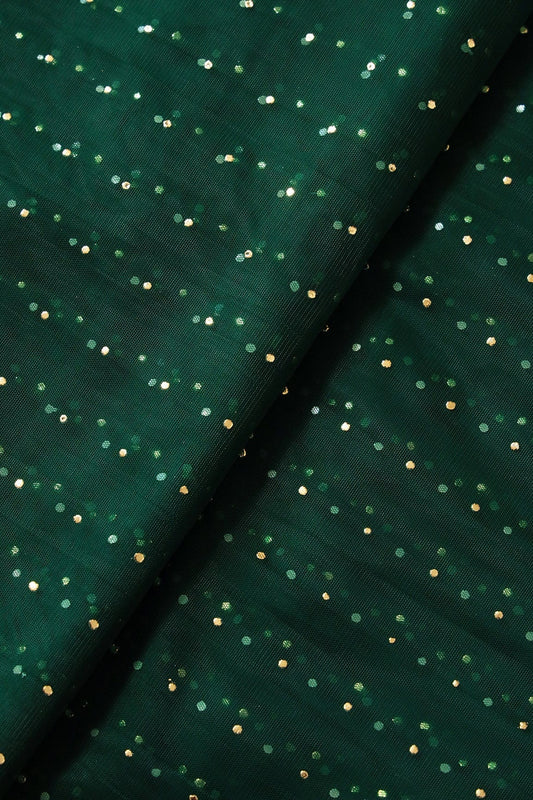 Mukaish Work On Bottle Green Soft Net Fabric