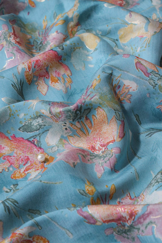 Multi Color Floral Foil Print On Sky Blue Viscose Chanderi Silk Fabric