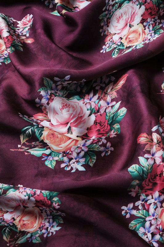 Multi Color Floral Pattern Digital Print On Burgundy Georgette Satin Fabric