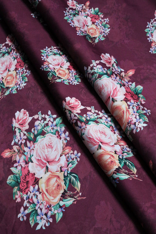 Multi Color Floral Pattern Digital Print On Burgundy Georgette Satin Fabric