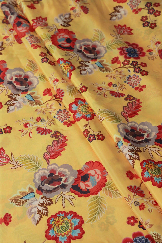 Multi Color Floral Pattern Digital Print On Yellow Crepe Fabric