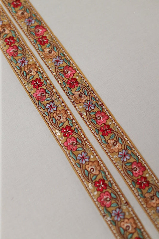 Multi Color Floral Thread Work With Gold Sequins Mustard Embroidered Lace (9 Meters)