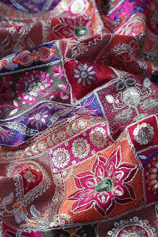 Multi Color Thread With Gold Sequins Traditional Embroidery On Fuchsia Viscose Georgette Fabric