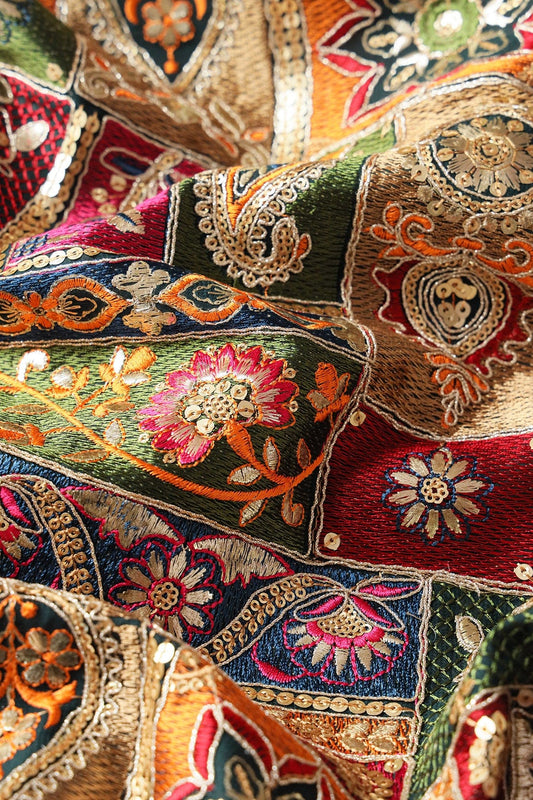Multi Color Thread With Gold Sequins Traditional Embroidery On Rama Viscose Georgette Fabric