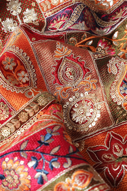 Multi Color Thread With Gold Sequins Traditional Embroidery On Red Viscose Georgette Fabric