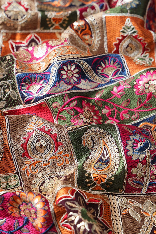 Multi Color Thread With Gold Sequins Traditional Embroidery On Wine Viscose Georgette Fabric