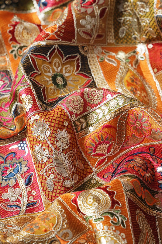 Multi Color Thread With Gold Sequins Traditional Embroidery On Yellow Viscose Georgette Fabric