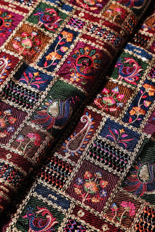 Multi Color Thread With Gold Sequins Traditional Heavy Embroidery Work On Black Velvet Fabric