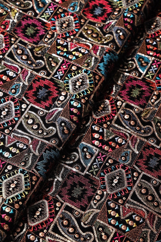 Multi Color Thread With Gold Sequins Traditional Heavy Embroidery Work On Black Velvet Fabric