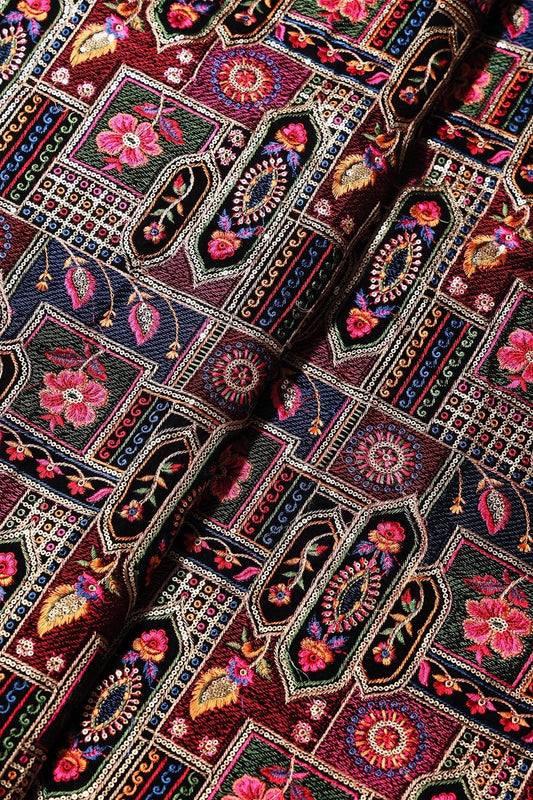 Multi Color Thread With Gold Sequins Traditional Heavy Embroidery Work On Black Velvet Fabric