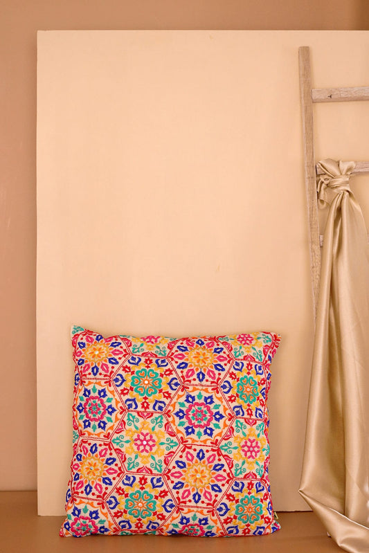 Multi colour Hexagon Embroidery on off white cotton Cushion Cover (16*16 inches)