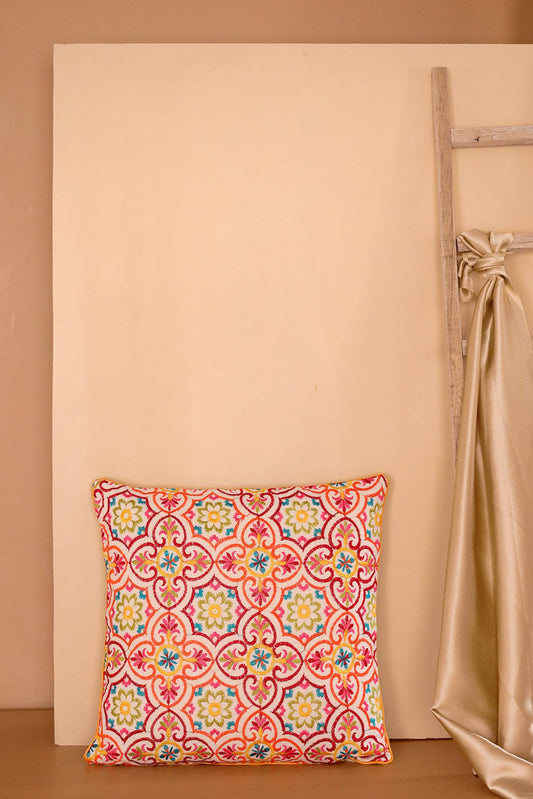 Multi Coloured Embroidery on off white cotton Cushion Cover (16*16 inches)