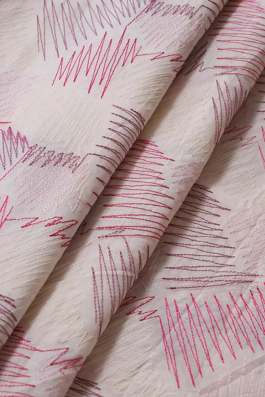 Multi Thread Abstract Embroidery Work On Off White Organic Cotton Fabric