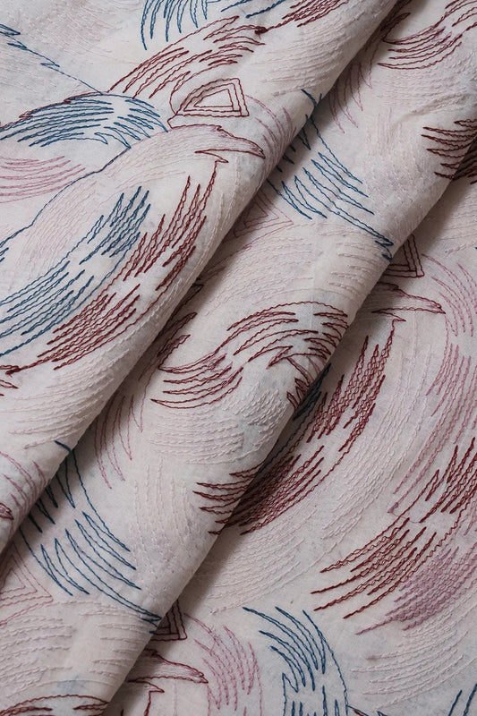 Multi Thread Abstract Embroidery Work On Off White Organic Cotton Fabric
