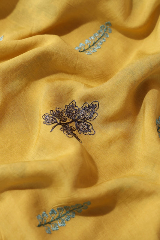 Multi Thread Floral Embroidery On Mustard Muslin Silk Fabric