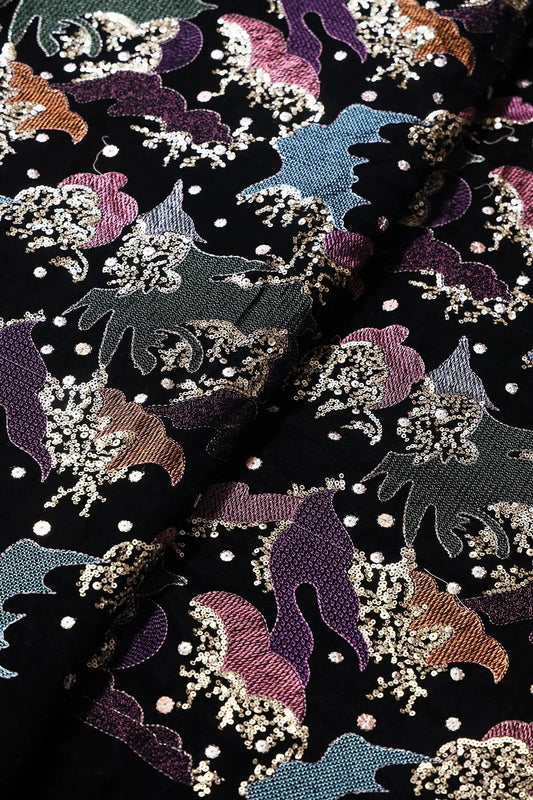 Multi Thread With Gold Sequins Abstract Heavy Embroidery Work On Black Velvet Fabric