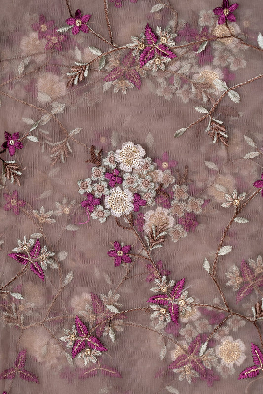 Multi Thread With Gold Sequins Embroidery On Light Brown Soft Net Fabric