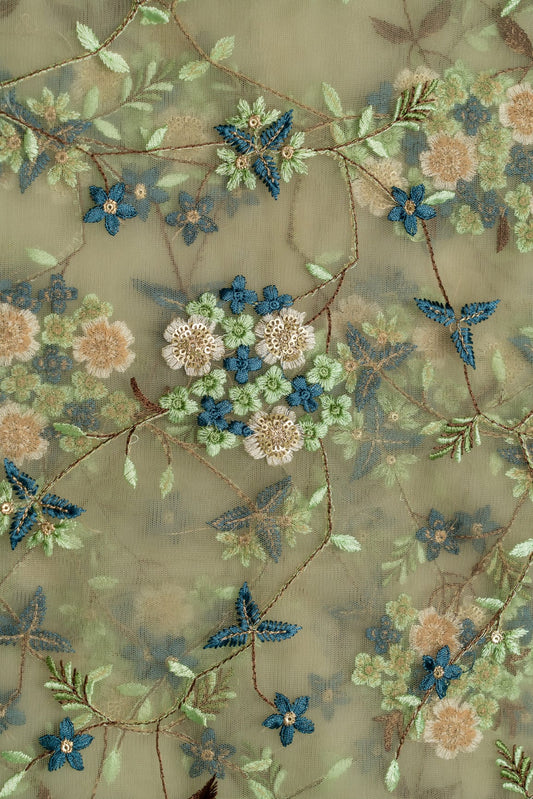 Multi Thread With Gold Sequins Embroidery On Olive Soft Net Fabric