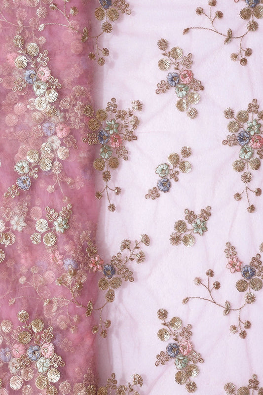 Multi Thread With Gold Sequins Floral Embroidery On Baby Pink Soft Net Fabric