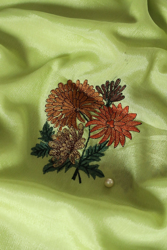 Multi Thread With Gold Sequins Floral Embroidery Work On Parrot Green Chinnon Chiffon Fabric