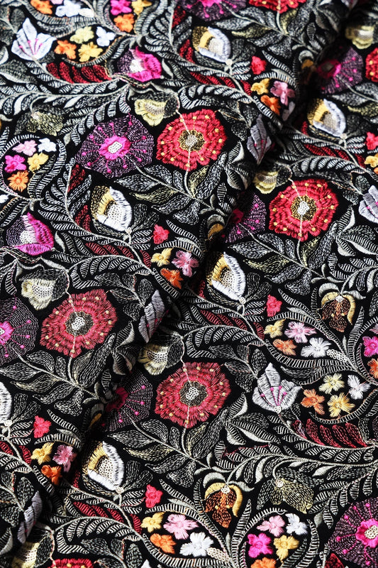 Multi Thread With Gold Sequins Floral Heavy Embroidery Work On Black Velvet Fabric