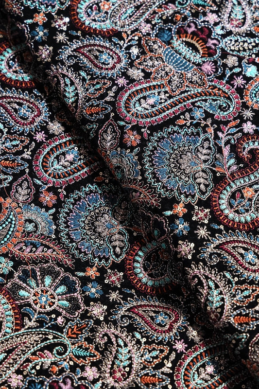 Multi Thread With Gold Sequins Paisley Heavy Embroidery Work On Black Velvet Fabric