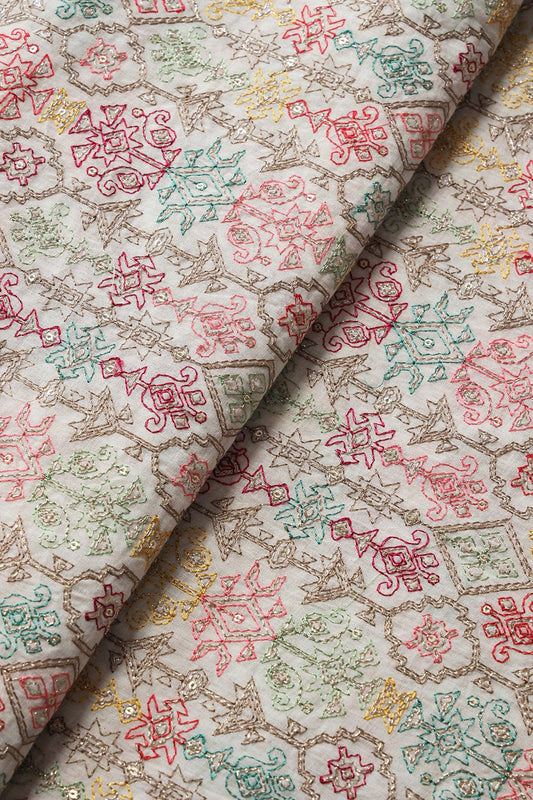 Multi Thread With Zari And Gold Sequins Geometric Embroidery On Off White Organic Cotton Fabric