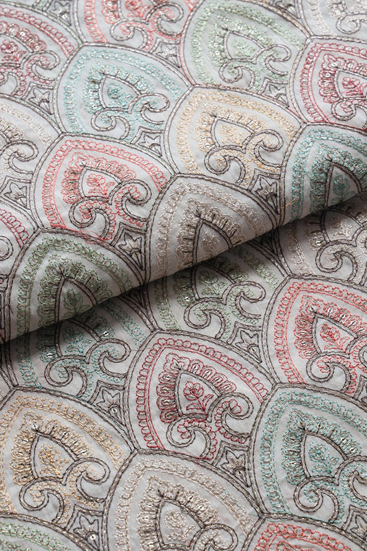 Multi Thread With Zari And Gold Sequins Trellis Embroidery On Off White Organic Cotton Fabric