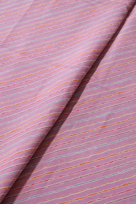 Multicolor Stripes Print On Lavender Pink Viscose Chanderi Silk Fabric