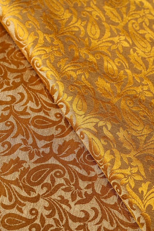Mustard Paisley Silk Satin Jute Banarasi Jacquard Fabric